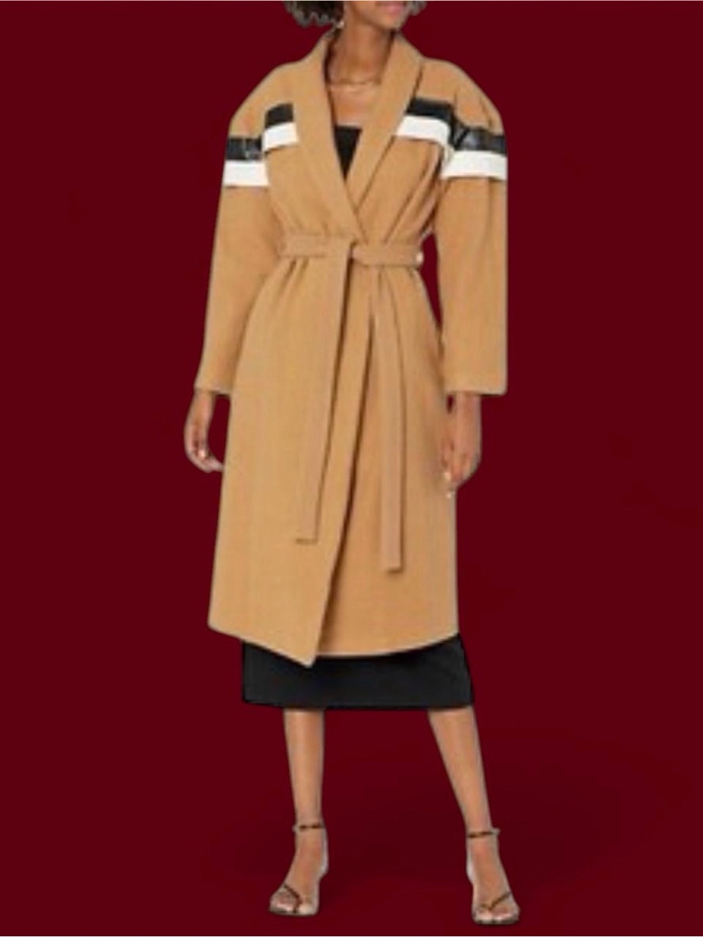 Camel Belted Trench Coat large wool tan black white colorblock winter 80s